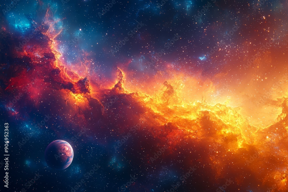 Obraz premium A vibrant cosmic scene featuring a fiery nebula and a distant planet, showcasing the beauty and wonder of the universe with bright colors and twinkling stars