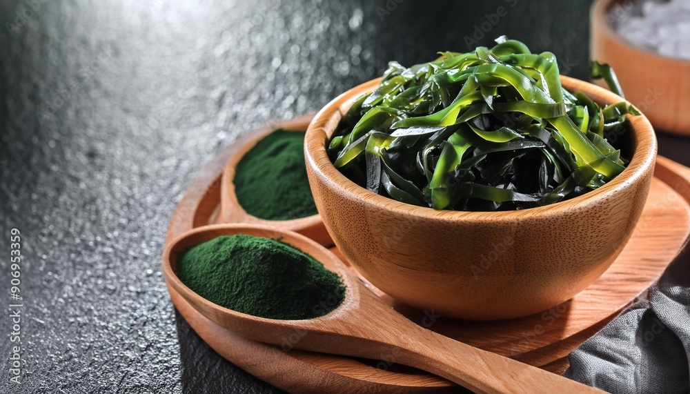 Wakame algae spirulina are excellent sources of vitamins and microelements, often considered superfoods. Wakame algae spirulina are excellent sources of vitamins and microelements, often considered superfoods.