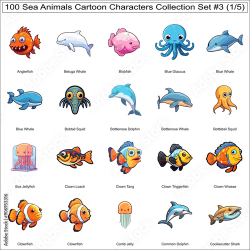Cute Sea Animals Cartoon Characters Bundle Collection Set of 100 Sea Animals Part 1