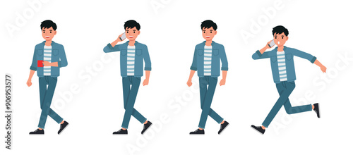 Businessman wear blue jeans shirt character set. Man holding cup of coffee, walk and run. Vector illustration design.