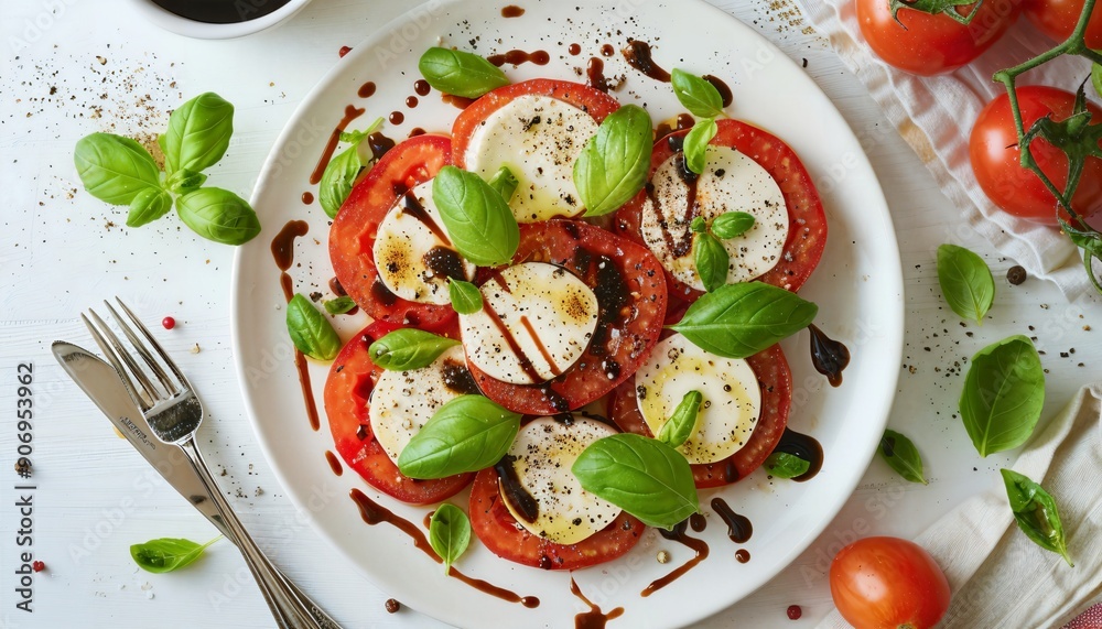 a white plate topped with sliced tomatoes and mozzarella a white plate topped with sliced tomatoes and mozzarella