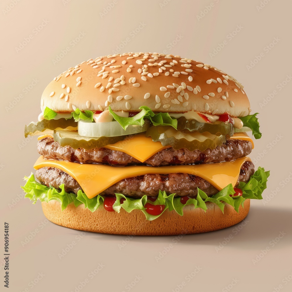 Medium shot of a Double cheeseburger, isolated on a light solid pastel white background Medium shot of a Double cheeseburger, isolated on a light solid pastel white background