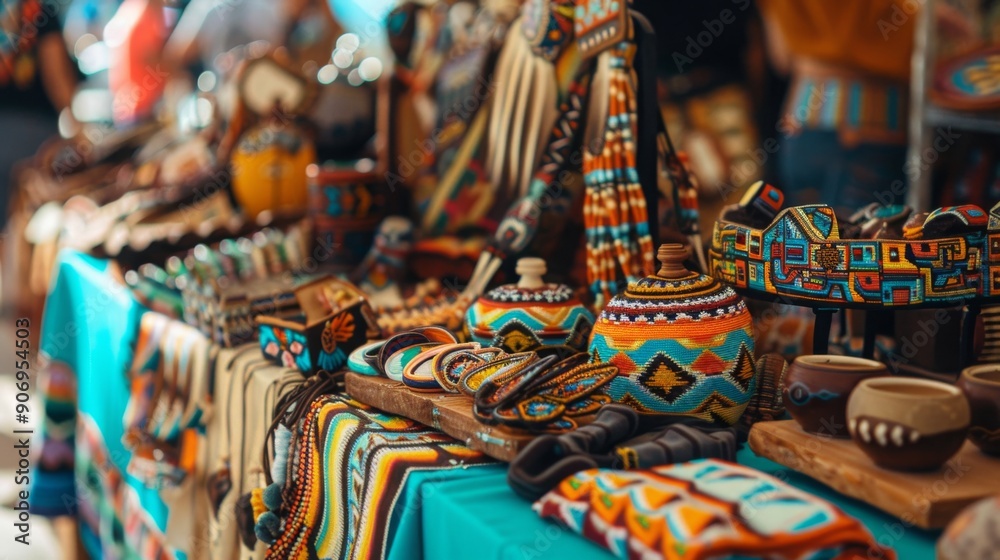 Fototapeta premium A colorful display of handcrafted items showcases traditional artistry at a bustling market stall in the afternoon.