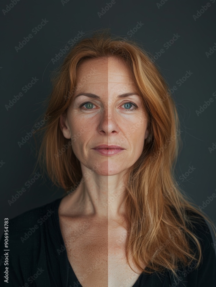 Split screen portrait of a woman with different skin types and makeup Split screen portrait of a woman with different skin types and makeup