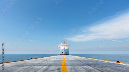 A large yellow ship is docked at a pier
