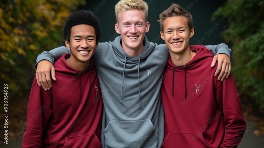 Diverse freshmen friends embrace happily, multiracial unity concept, best friends, isolated cut out Diverse freshmen friends embrace happily, multiracial unity concept, best friends, isolated cut out