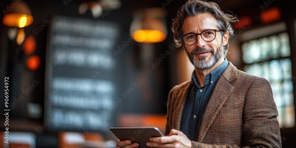 A man with glasses enjoys using his tablet in a warm café setting A man with glasses enjoys using his tablet in a warm café setting