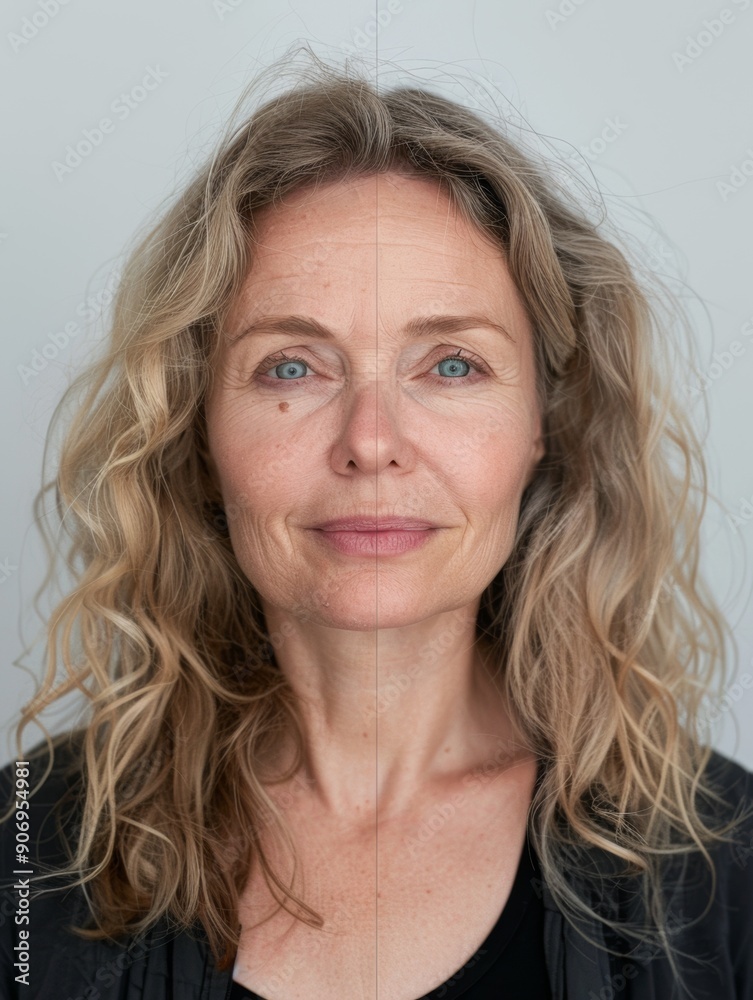 Split screen portrait of a woman with different skin types and makeup
