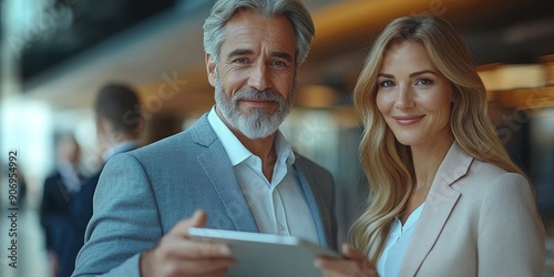 Two professionals converse and collaborate using a tablet in an upscale office environment