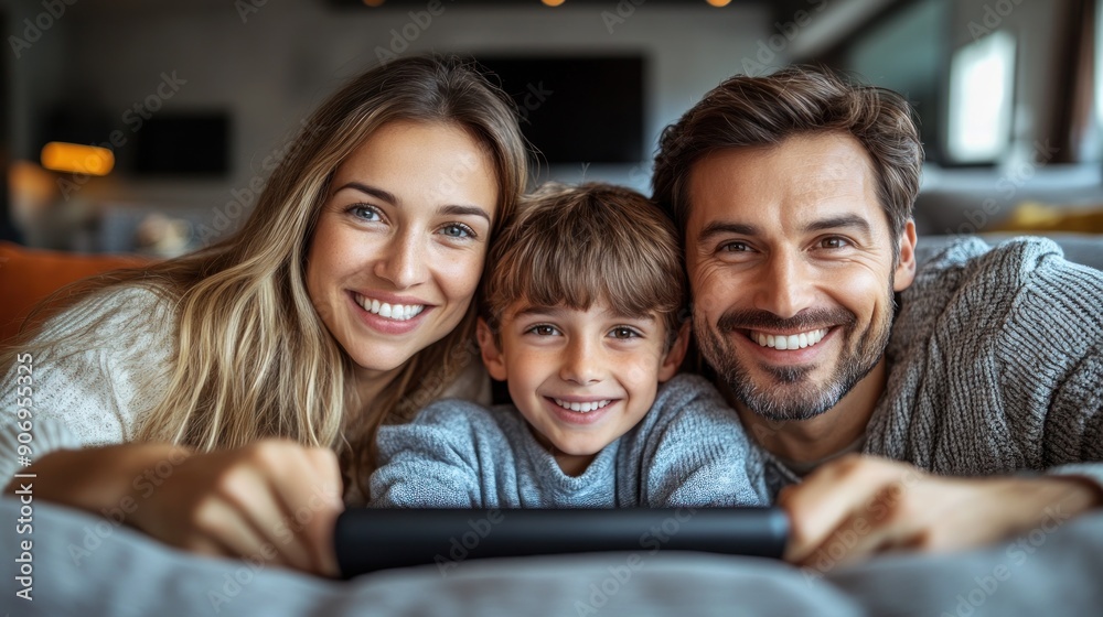 Family sits on the couch, happily watching a movie together in a cozy living room Family sits on the couch, happily watching a movie together in a cozy living room