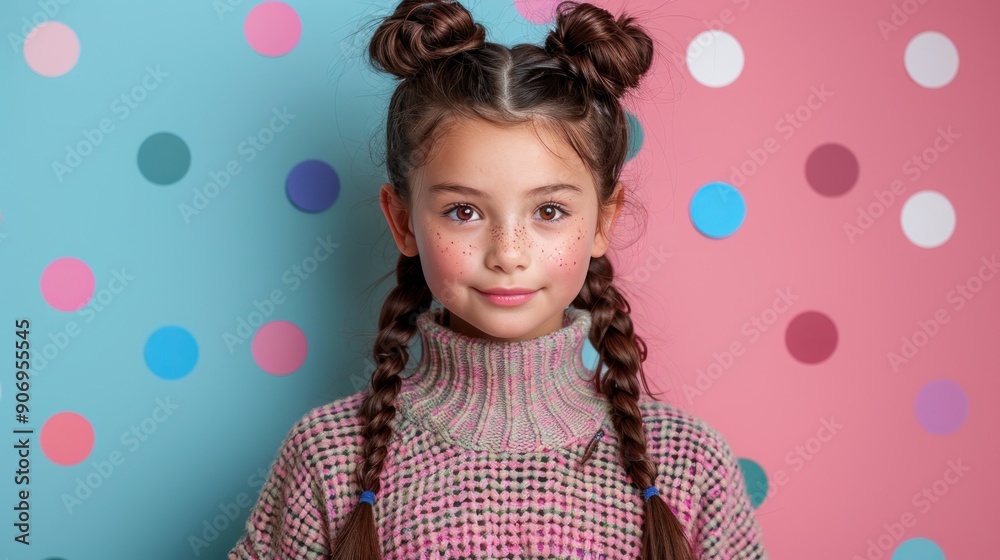 A cheerful girl with braids is posing against a vibrant polka dot background