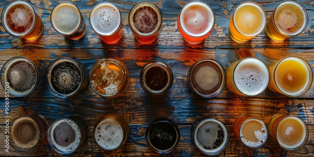 Aerial View of Diverse Beer Varieties and Lagers on Display, Celebrating the Art of Brewing in a Pub Setting Aerial View of Diverse Beer Varieties and Lagers on Display, Celebrating the Art of Brewing in a Pub Setting