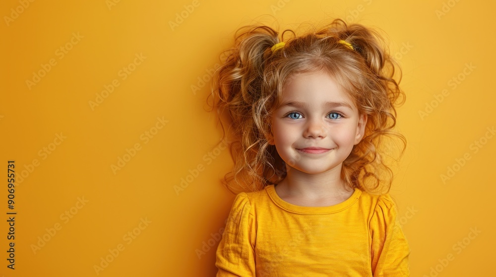 A cheerful girl with curly hair smiles brightly, showcasing her joyful personality against vibrant yellow A cheerful girl with curly hair smiles brightly, showcasing her joyful personality against vibrant yellow