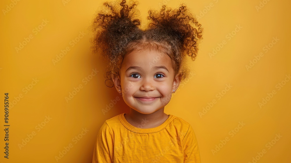 A joyful child with curly hair smiles warmly in front of a vibrant yellow backdrop A joyful child with curly hair smiles warmly in front of a vibrant yellow backdrop