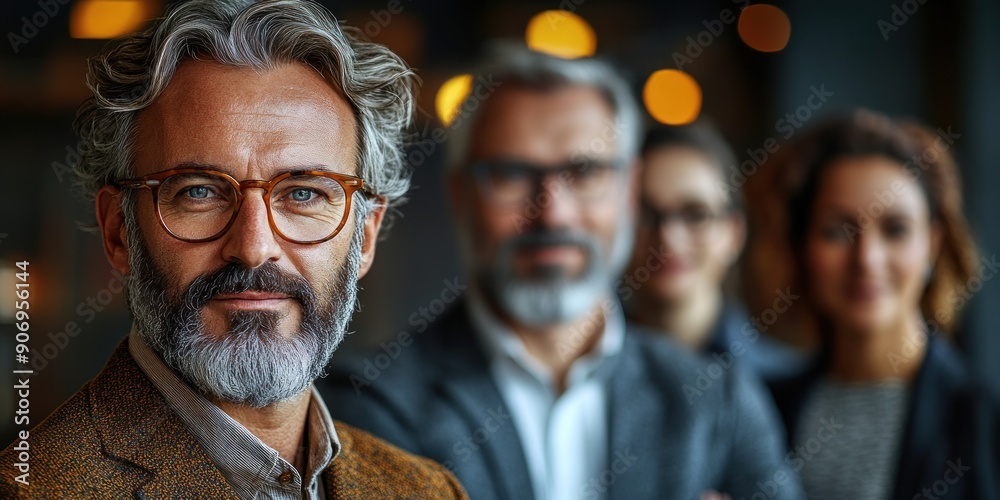 A group of professionals stands confidently together in an office environment A group of professionals stands confidently together in an office environment