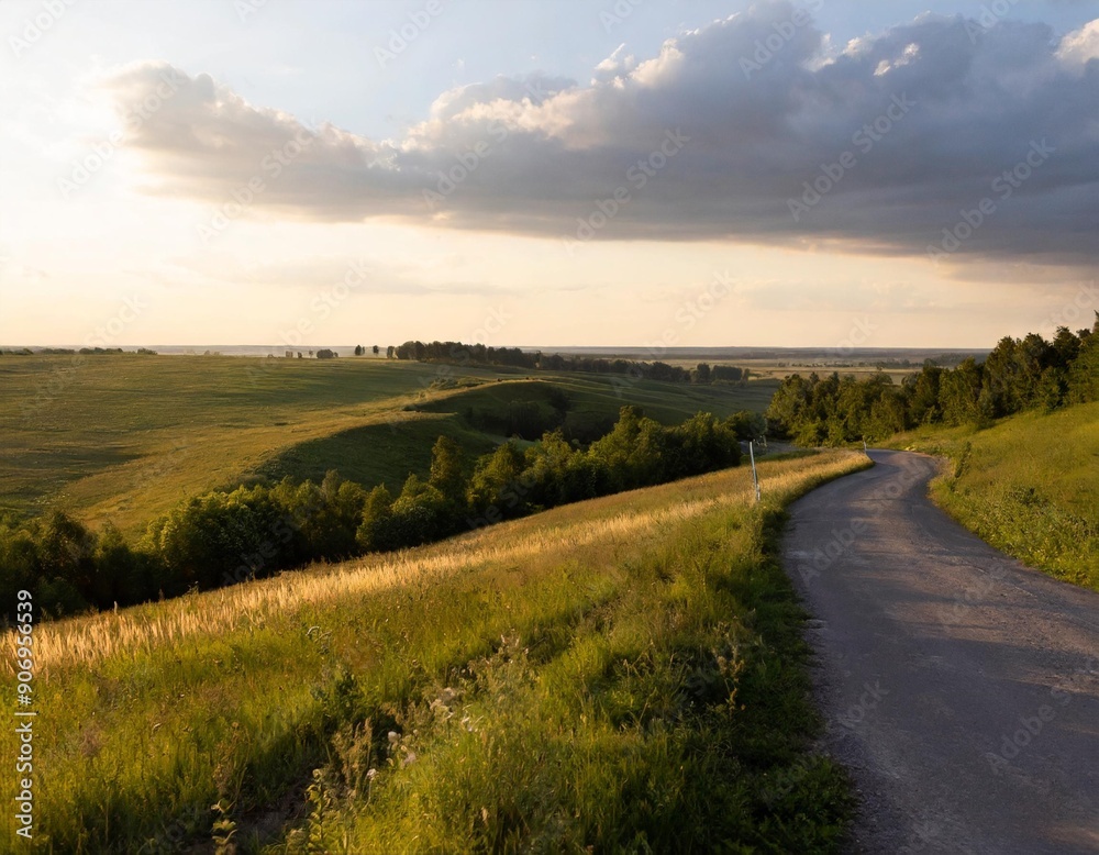 Summer landscape with green grass, road and clouds Summer landscape with green grass, road and clouds