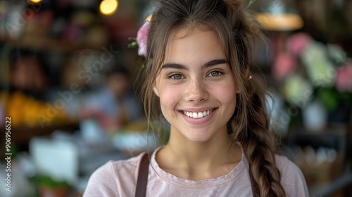 Wallpaper Mural A cheerful girl with a braid smiles warmly in a vibrant marketplace filled with flowers Torontodigital.ca