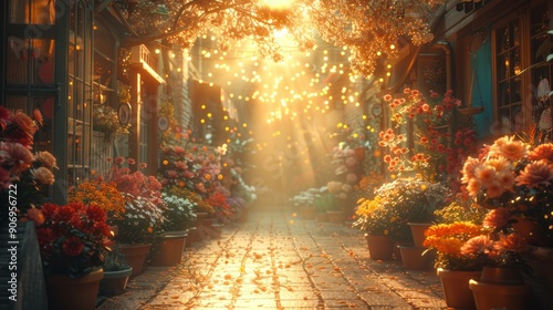 Fototapeta Naklejka Na Ścianę i Meble -  A vibrant alley filled with blooming flowers glows under warm, golden sunlight