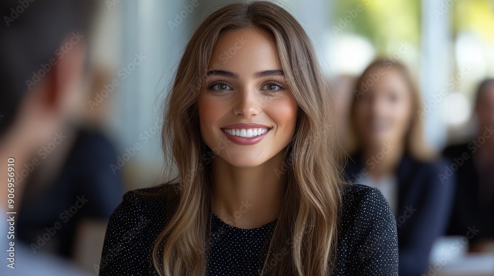 A cheerful woman is involved in lively conversation at a café filled with people A cheerful woman is involved in lively conversation at a café filled with people