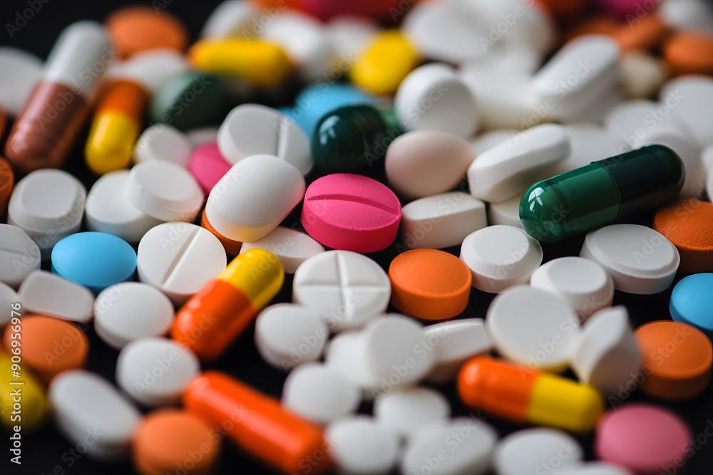 Different color pills and drugs medicine pharmacy background. Painkiller concept Different color pills and drugs medicine pharmacy background. Painkiller concept