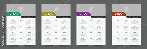 Wall calendar design for 2025, 2026, 2027, 2028. One page wall calendar template design, week starts on sunday, minimalist style