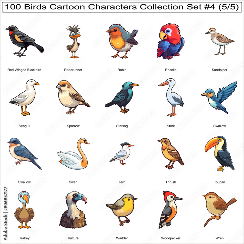 Obraz premium Cute Birds Cartoon Characters Bundle Collection Set of 100 Birds Part 5