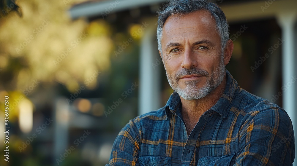 A smiling man stands outdoors, enjoying a bright day with confidence and warmth A smiling man stands outdoors, enjoying a bright day with confidence and warmth