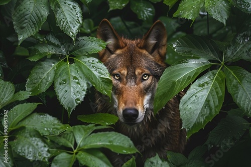 Nature's Majesty: Wet Wolf Amidst Lush Greenery in Dense Forest
