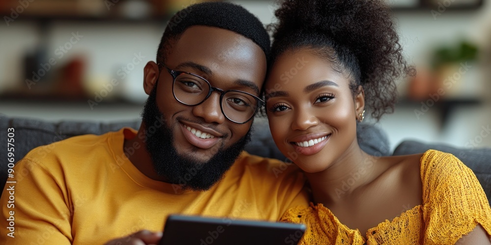 A couple shares a joyful moment while browsing content on a tablet A couple shares a joyful moment while browsing content on a tablet