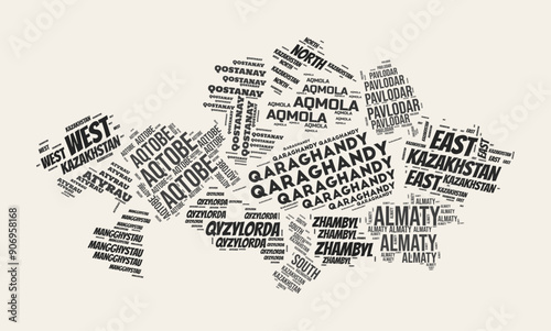 Kazakhstan Word Cloud. Country with regions division. Kazakhstan typographic text clouds vector image design. Vintage gazette style country shape image. Elegant vector illustration.