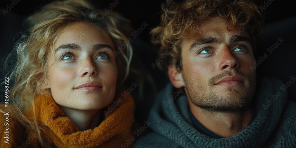 Two friends share a warm moment, gazing thoughtfully during a winter evening indoors Two friends share a warm moment, gazing thoughtfully during a winter evening indoors