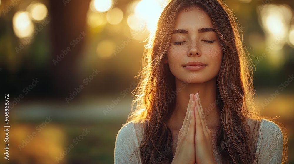 Obraz premium A serene young woman practices meditation with closed eyes and hands together, surrounded by nature