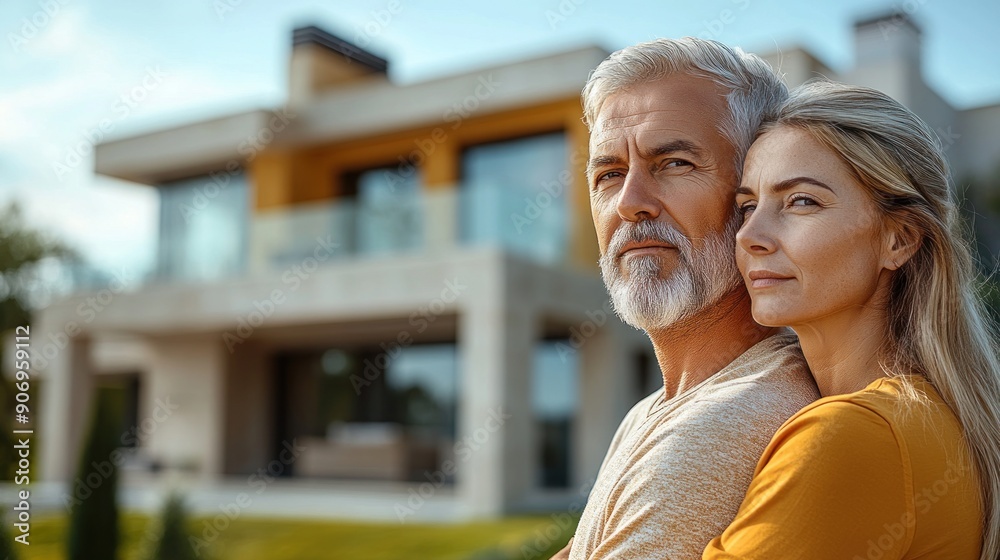 A couple stands close together, enjoying a moment of affection by their stylish home
