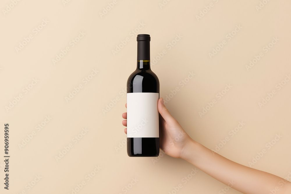 Hand holding red wine bottle mockup with blank label on beige background, ideal for branding and design Hand holding red wine bottle mockup with blank label on beige background, ideal for branding and design