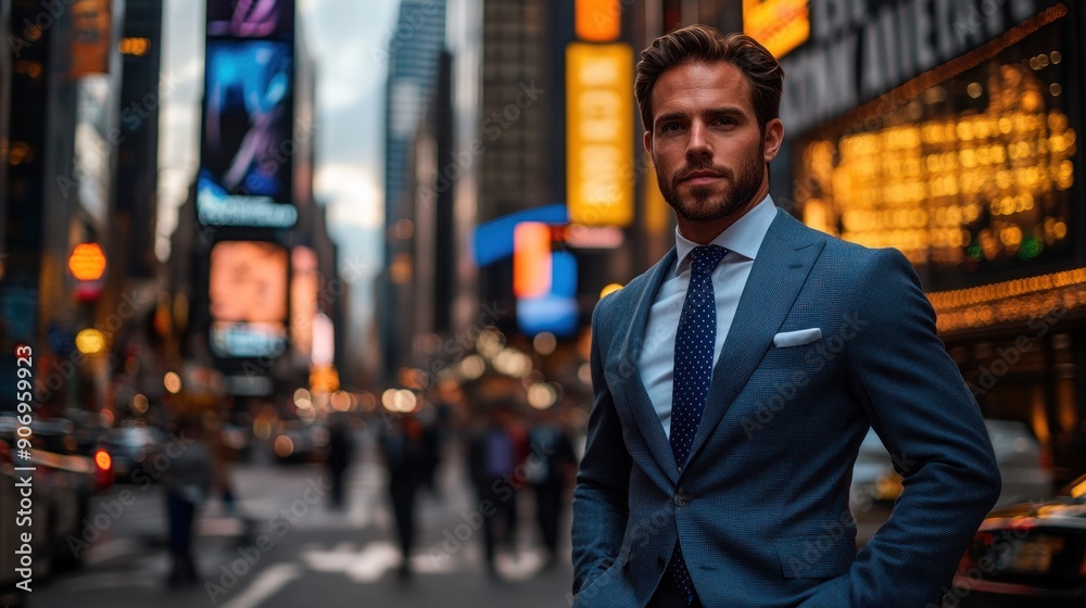 A businessman stands confidently amidst the bustling crowds of Times Square at dusk A businessman stands confidently amidst the bustling crowds of Times Square at dusk