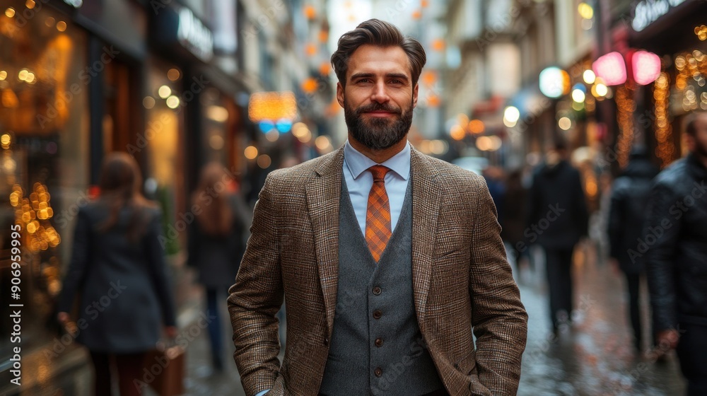A well-dressed man strolls past busy shops in a lively autumn city street A well-dressed man strolls past busy shops in a lively autumn city street