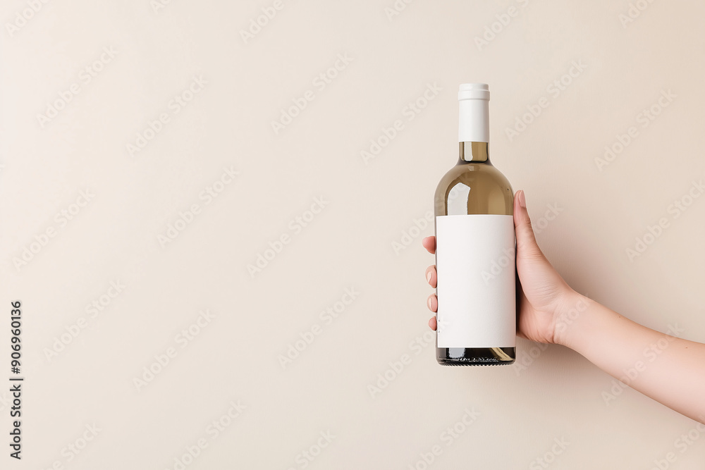 Hand holding white wine bottle mockup with blank label on beige background, ideal for branding and design Hand holding white wine bottle mockup with blank label on beige background, ideal for branding and design