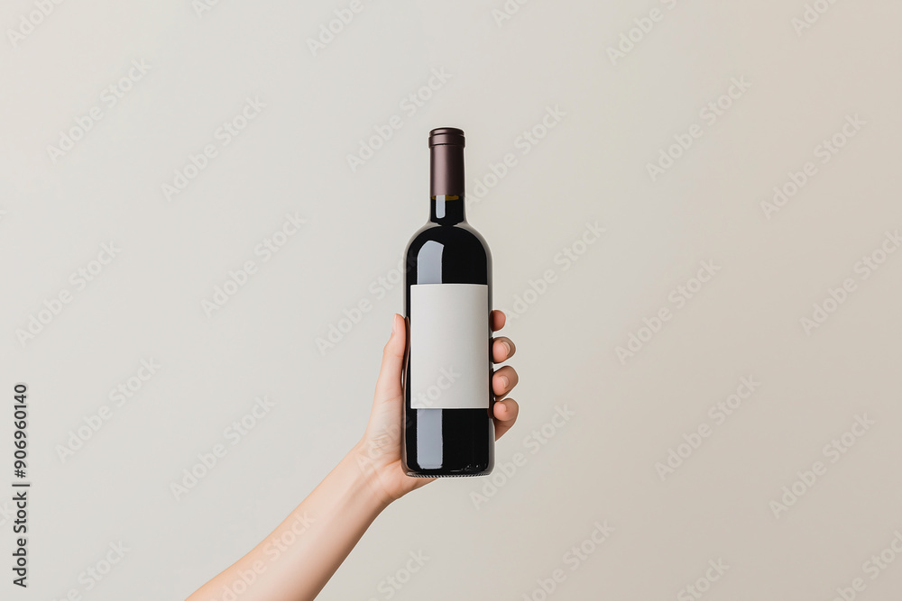 Hand holding red wine bottle mockup with blank label on beige background, ideal for branding and design Hand holding red wine bottle mockup with blank label on beige background, ideal for branding and design