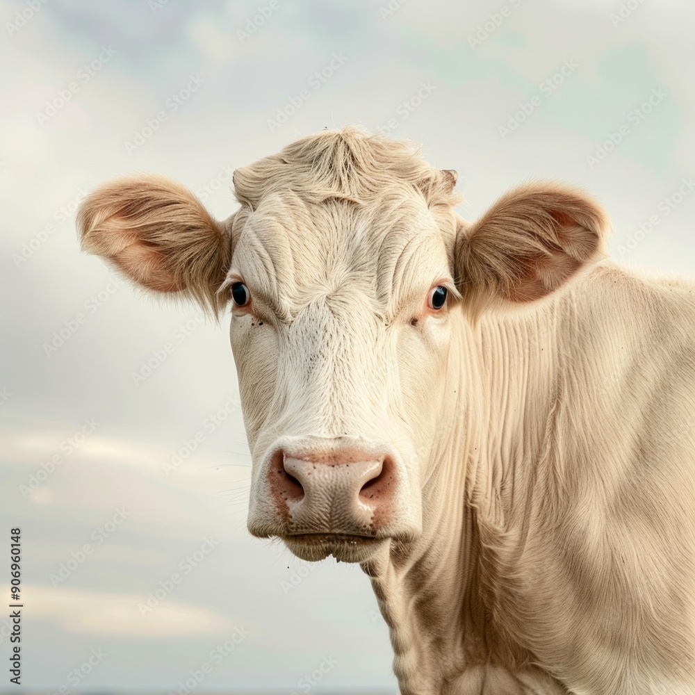 Medium shot of a cow full body shot, isolated on a light solid pastel white background, Medium shot of a cow full body shot, isolated on a light solid pastel white background,