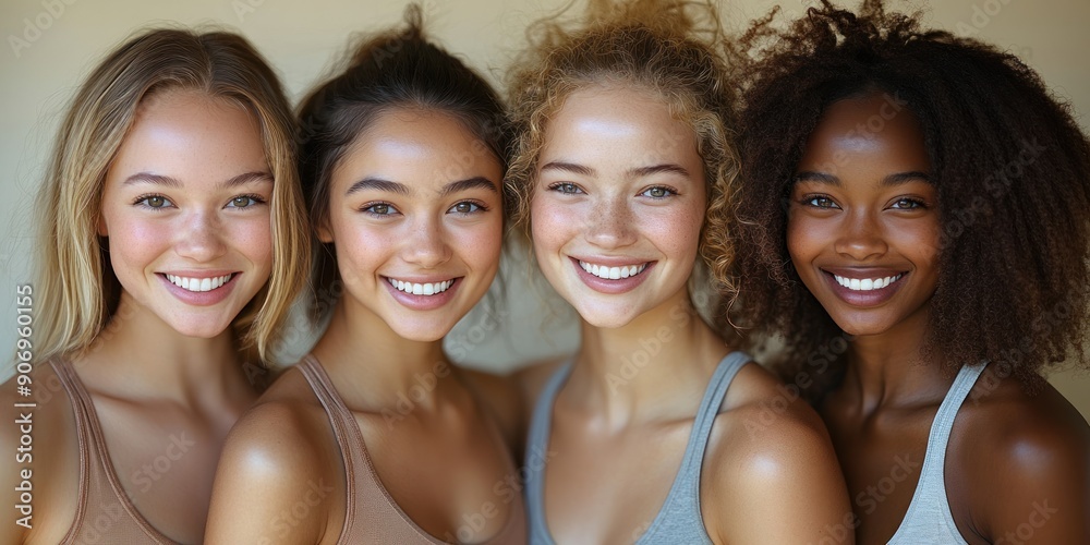 Four diverse women enjoy a joyful moment, showcasing their radiant smiles and friendship