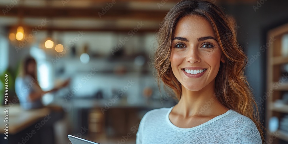 A woman smiles confidently while holding a tablet in a stylish kitchen A woman smiles confidently while holding a tablet in a stylish kitchen