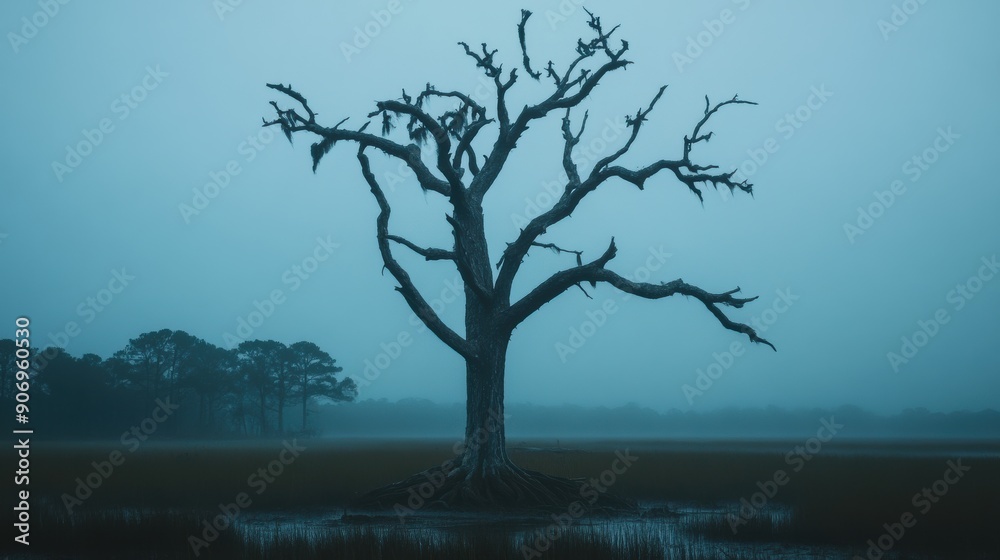 Lonely Tree Silhouette in Moody Foggy Landscape Lonely Tree Silhouette in Moody Foggy Landscape