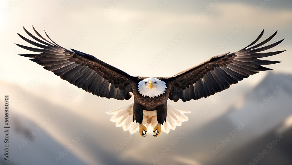 Obraz premium A majestic bald eagle soaring majestically through the air. evoking a sense of freedom and adventure.