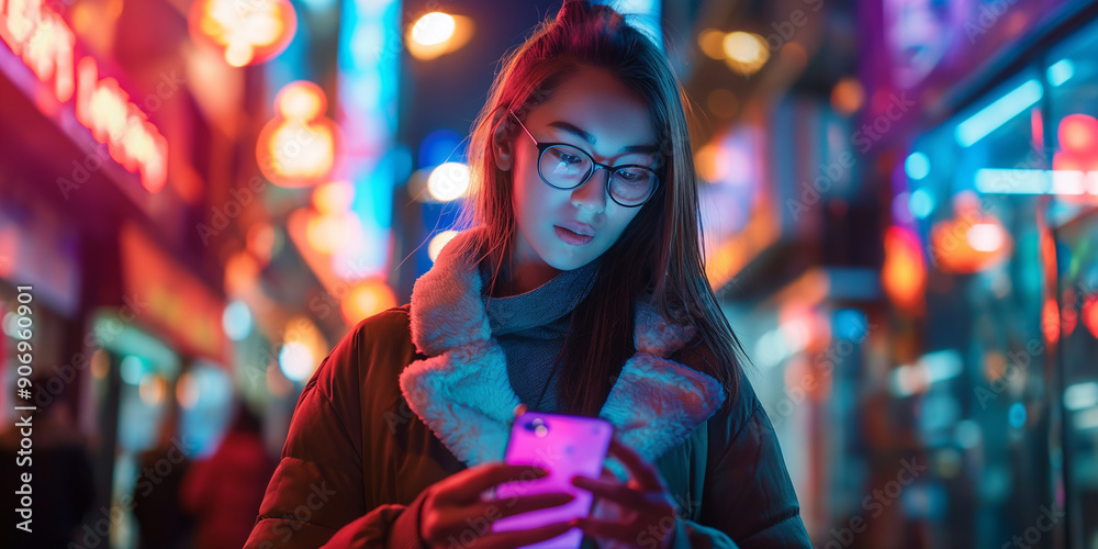 Beautiful young female using smartphone standing on the night city street full of neon light.
Beautiful young female using smartphone standing on the night city street full of neon light.