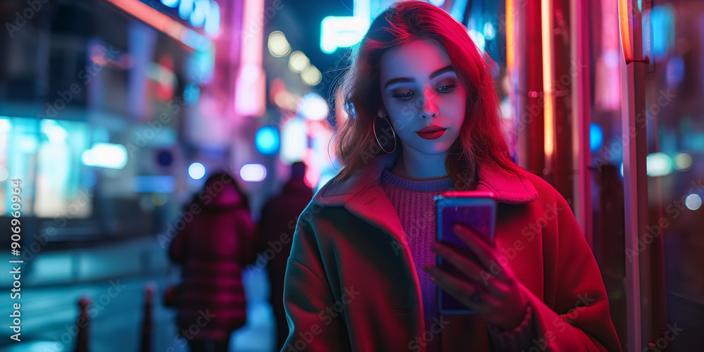 Beautiful young female using smartphone standing on the night city street full of neon light.
