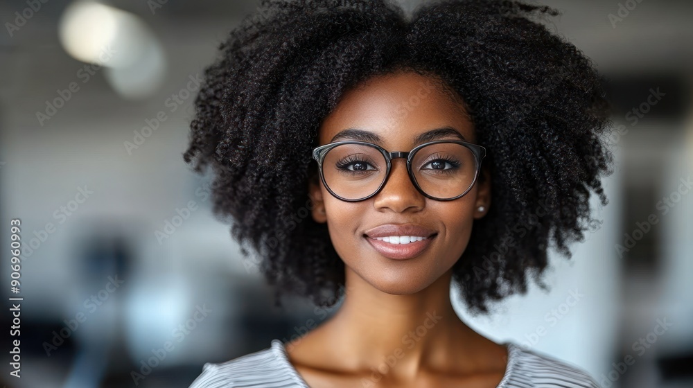 A confident young woman smiles warmly in a contemporary indoor setting A confident young woman smiles warmly in a contemporary indoor setting