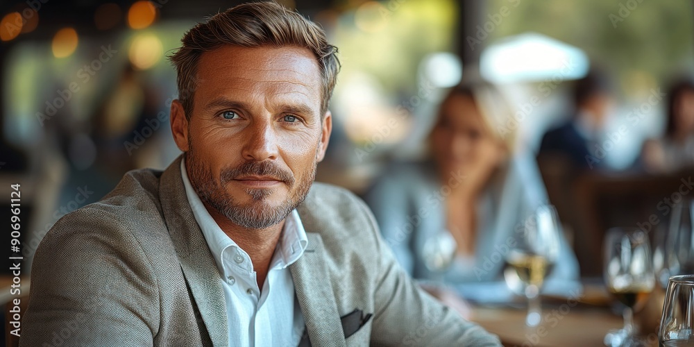 Fototapeta premium A well-dressed man is dining with a woman in an upscale restaurant setting