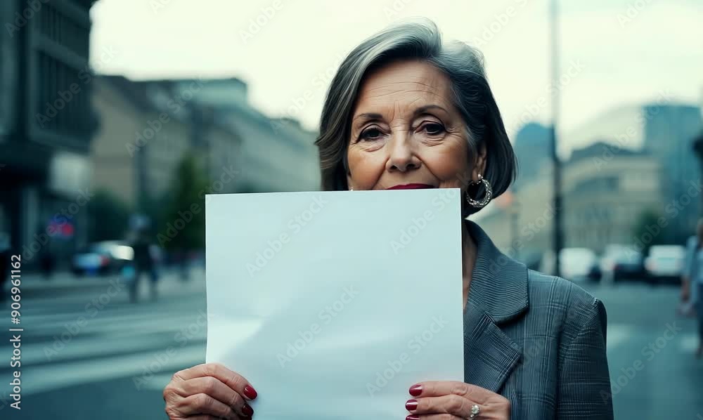 Mature woman holding a blank white sheet of paper in the street Mature woman holding a blank white sheet of paper in the street