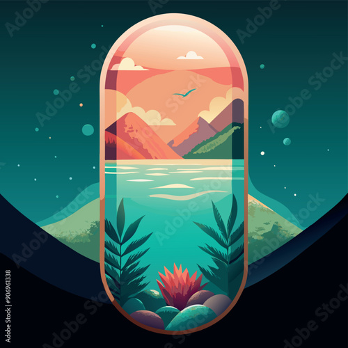 Vector illustration of green plant growing inside capsule pill
