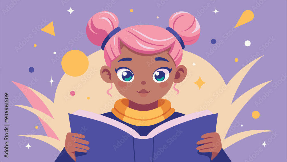 Girl with pink hair reading a book, surrounded by playful shapes. The bright and colorful cartoon style is ideal for children's books, educational content, and web design. Girl with pink hair reading a book, surrounded by playful shapes. The bright and colorful cartoon style is ideal for children's books, educational content, and web design.